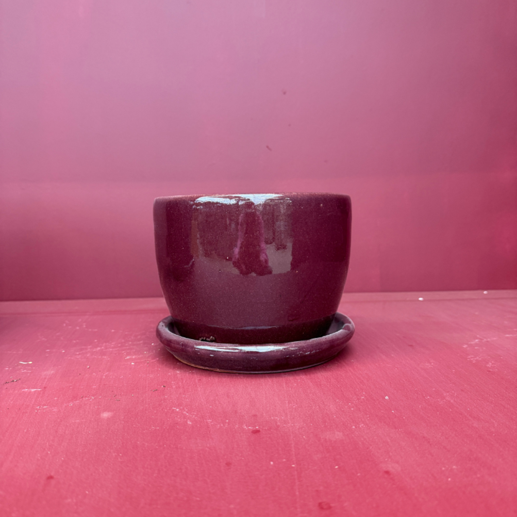 Geglazuurde pot met schotel - Bordeaux laag