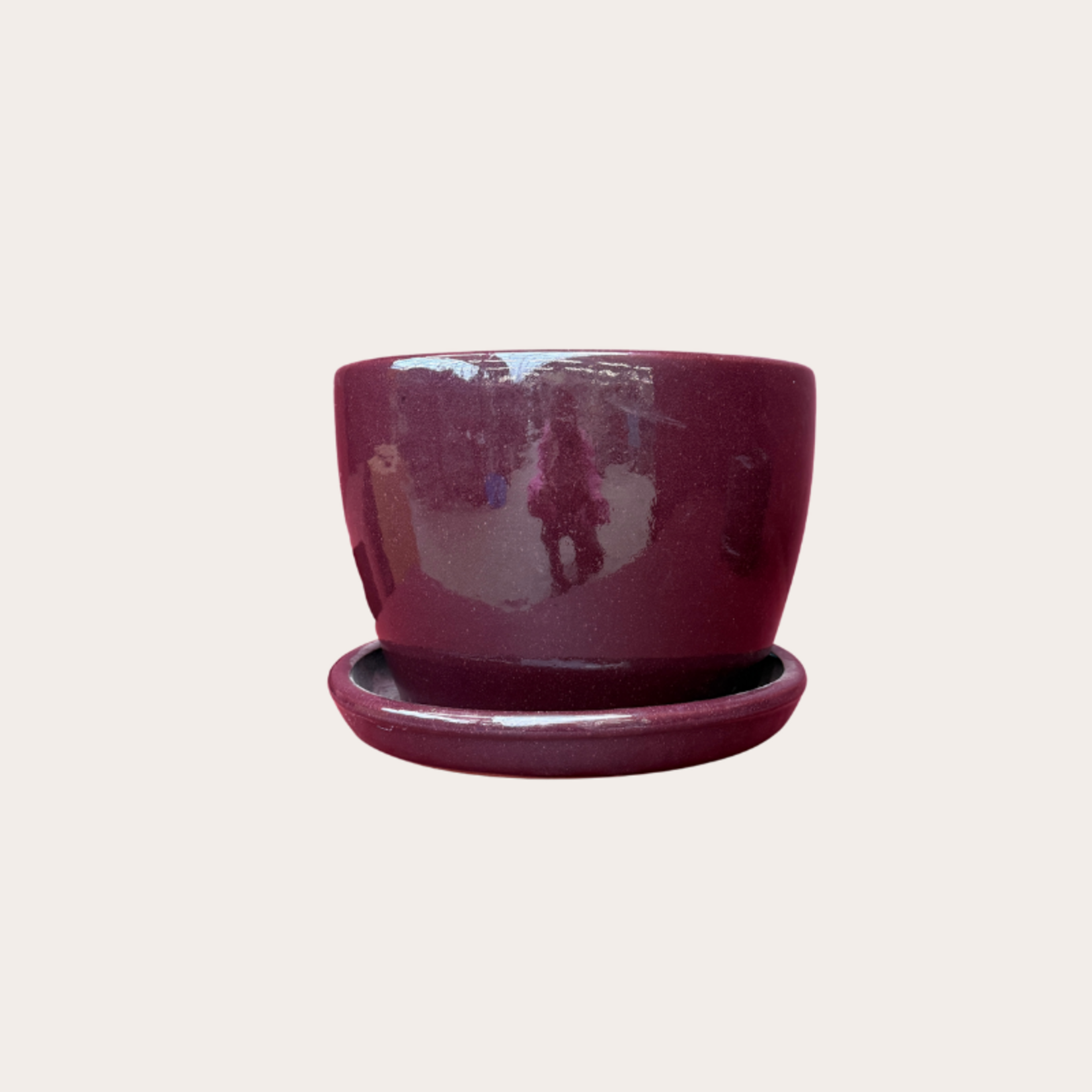 Geglazuurde pot met schotel - Bordeaux laag