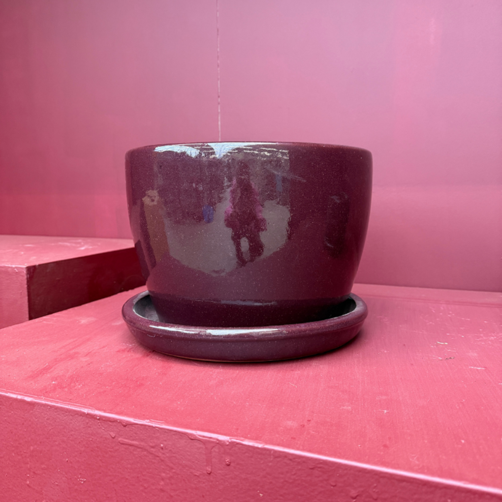 Geglazuurde pot met schotel - Bordeaux laag