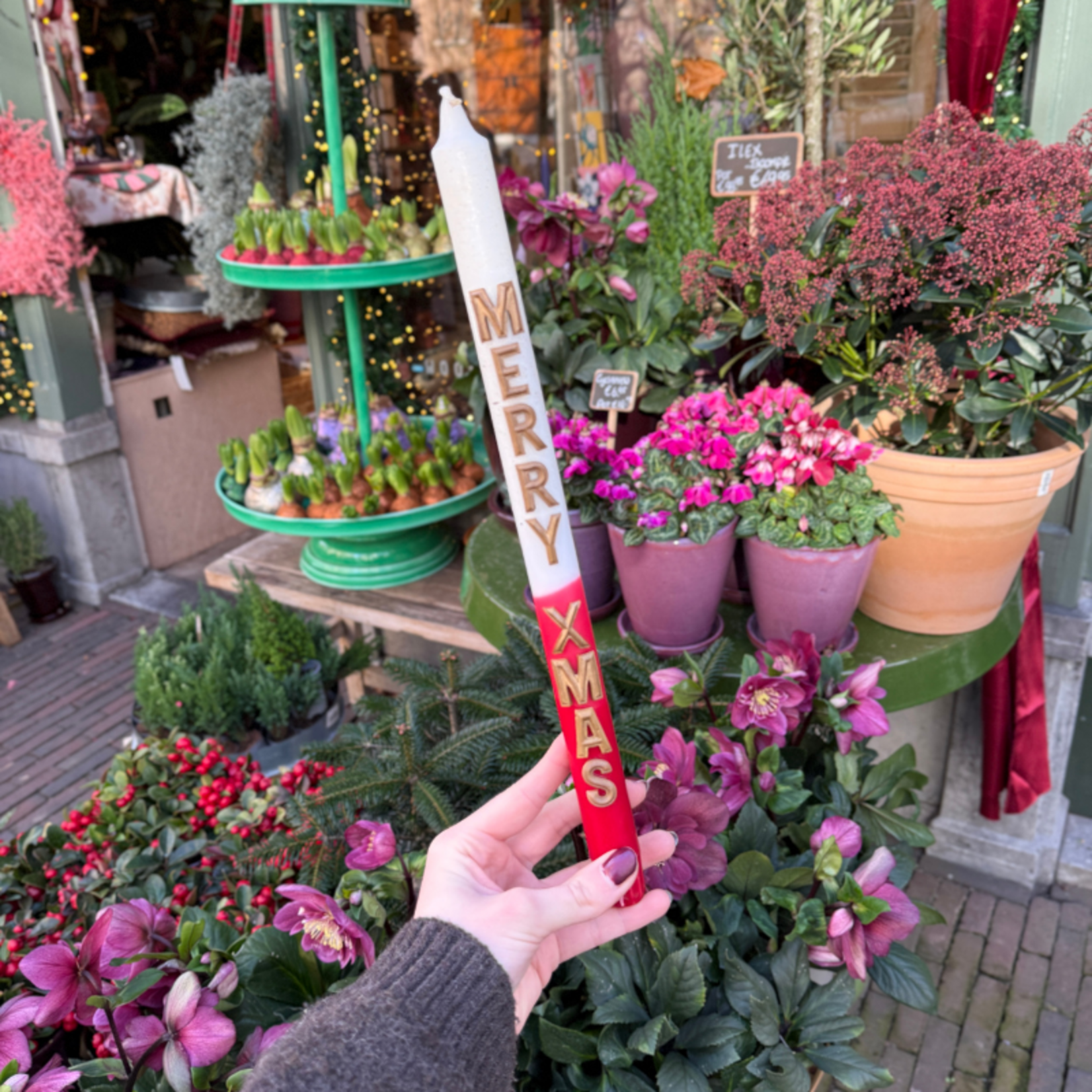 Kaars met tekst - Merry xmas - donker rood glitter