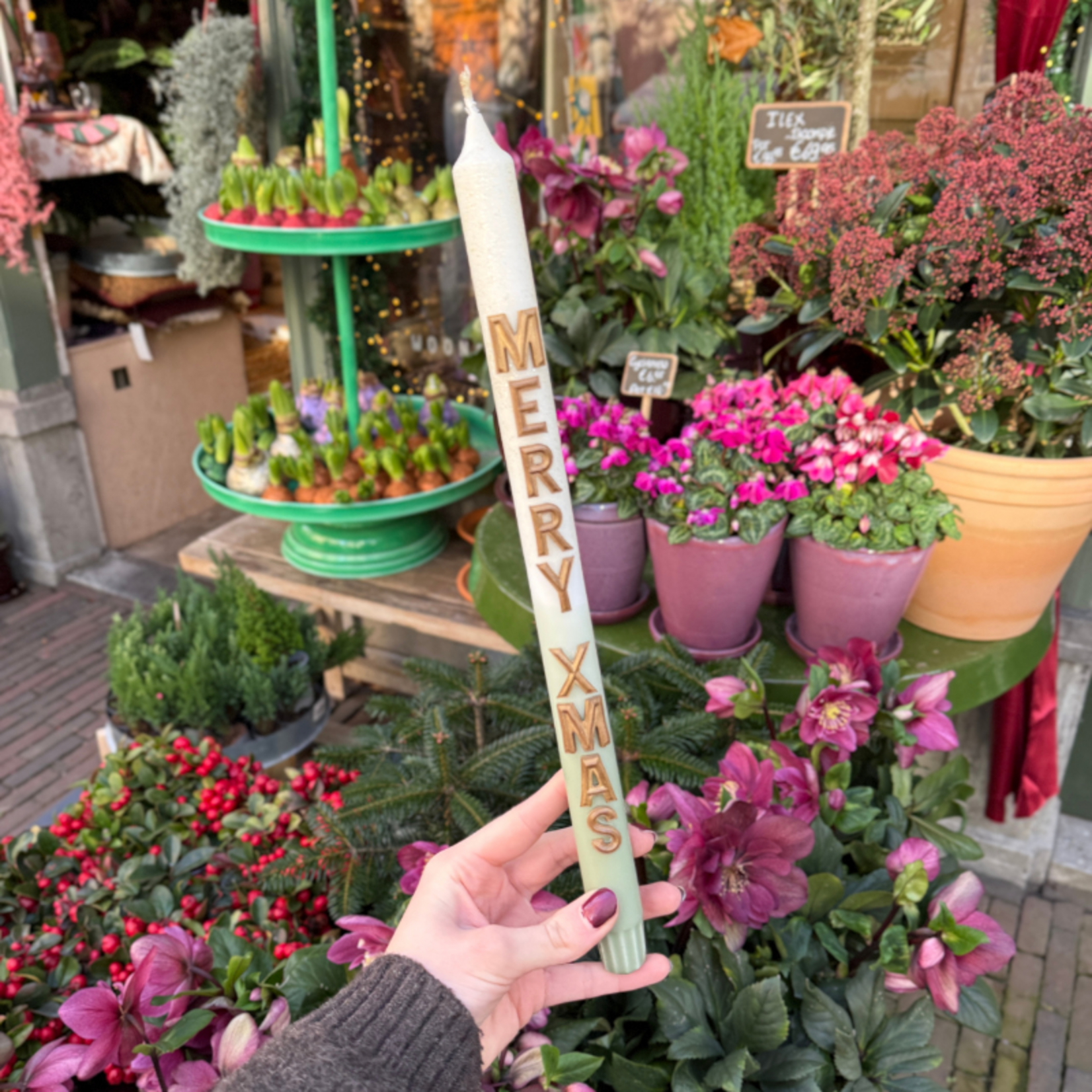 Kaars met tekst - Merry xmas - groen glitter