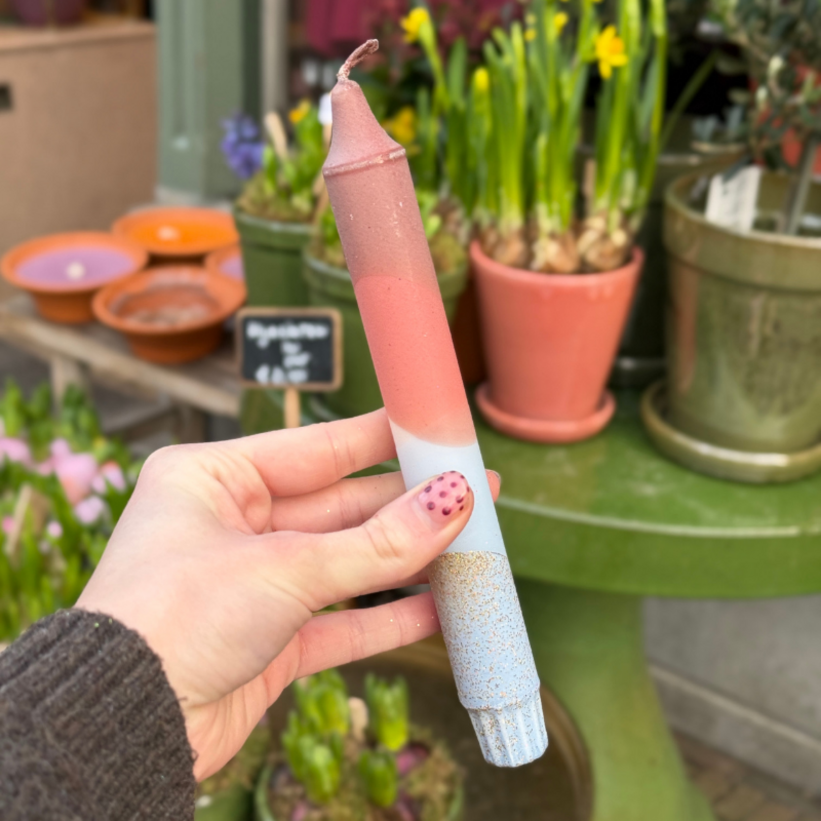 Kaars - Essence - licht blauw/bruin - glitter overloop