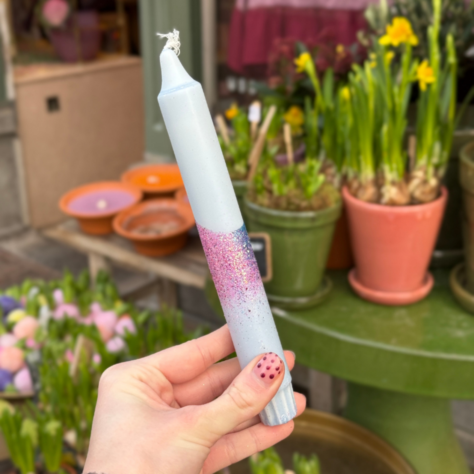 Kaars - Essence - licht blauw - glitter overloop