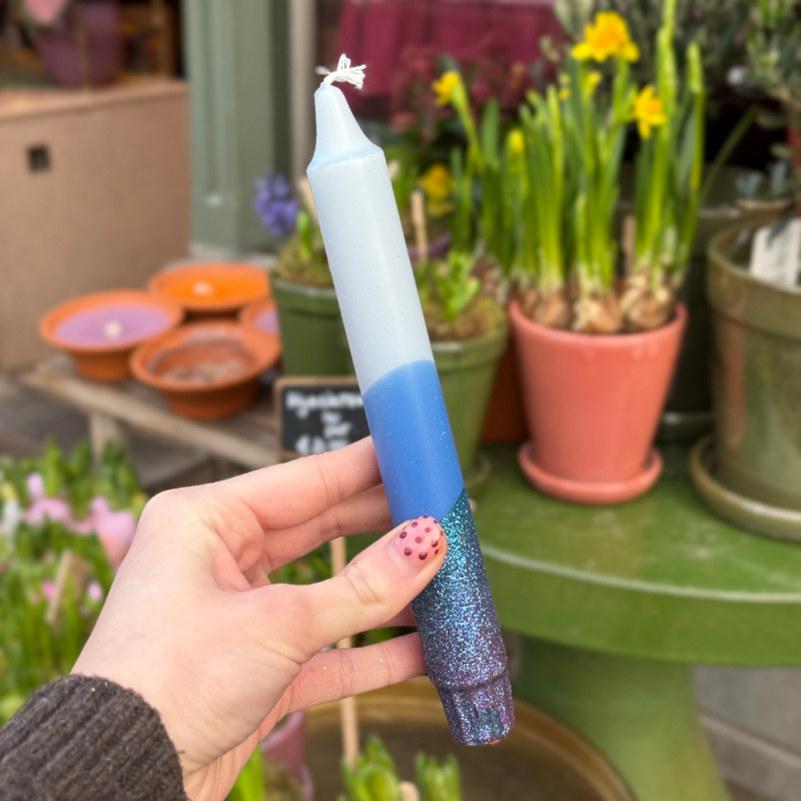 Kaars - Essence - licht/donker blauw - glitter overloop