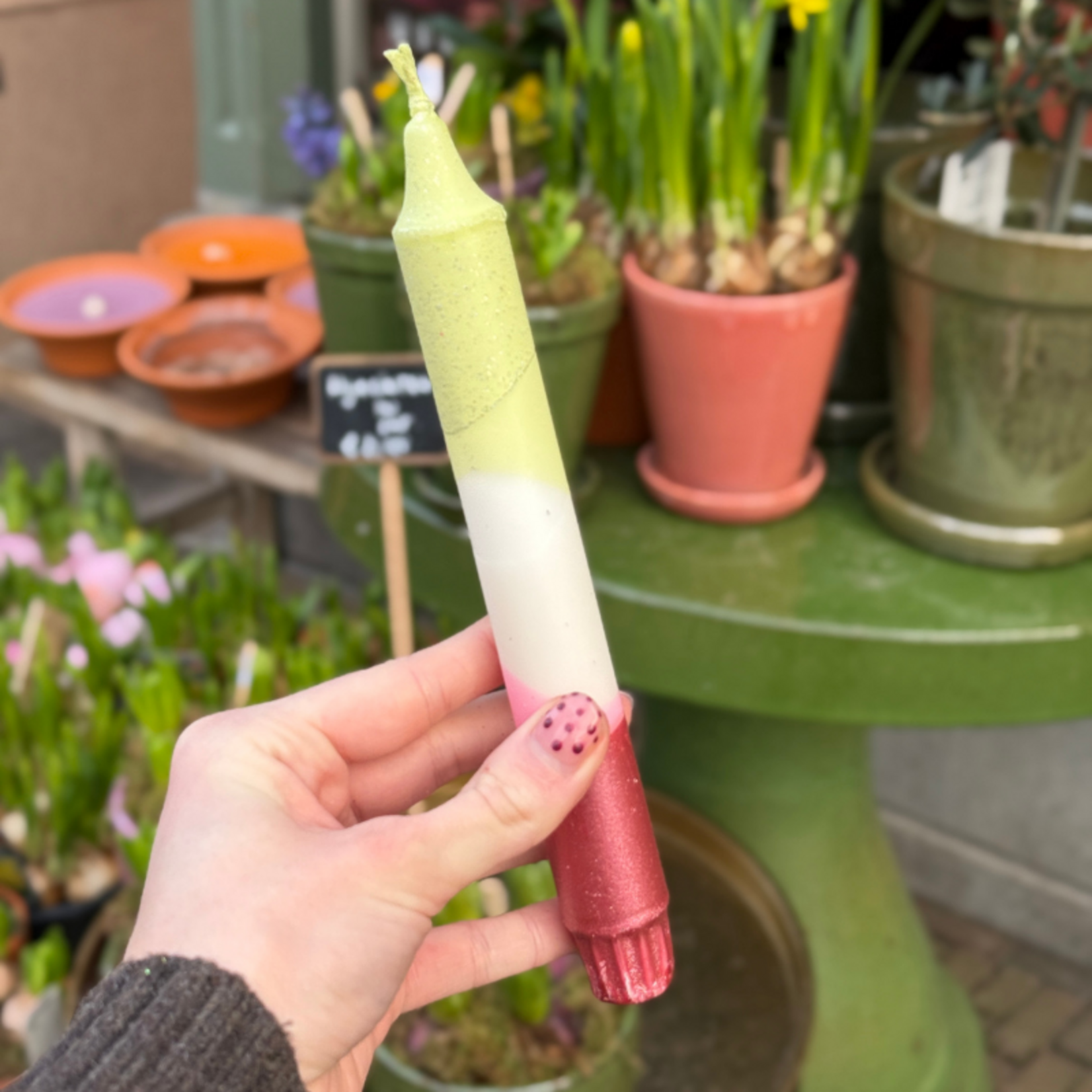 Kaars - Essence - geel/roze/rood - glitter overloop