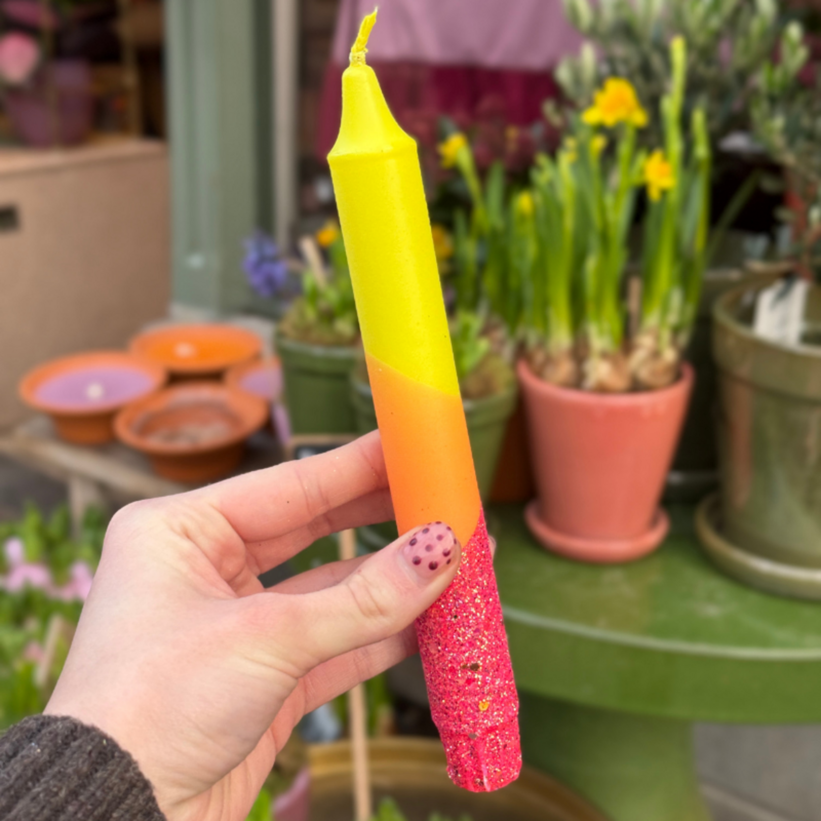 Kaars - Essence - geel/oranje/roze - glitter overloop