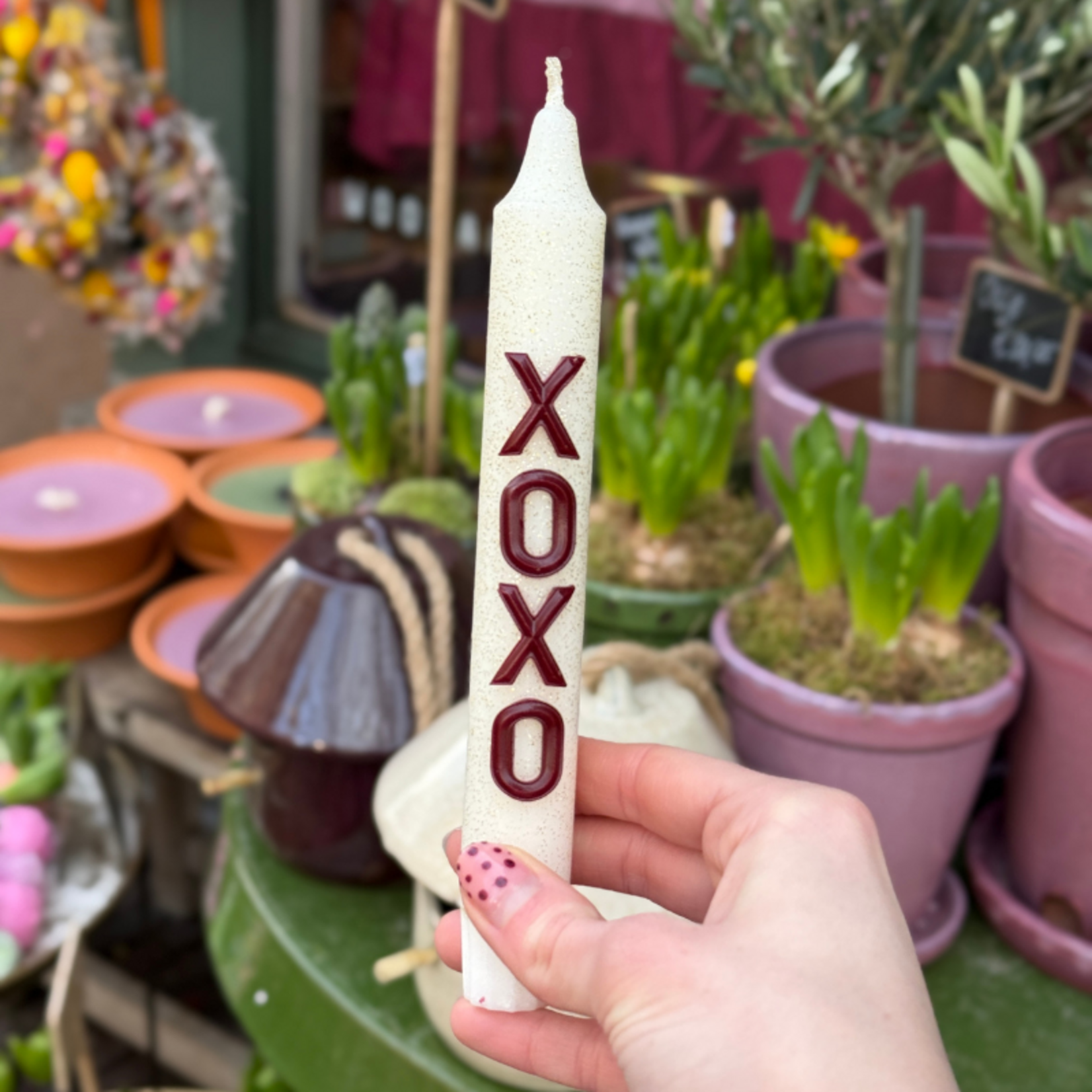 Kaars met tekst - XOXO - wit/glitter