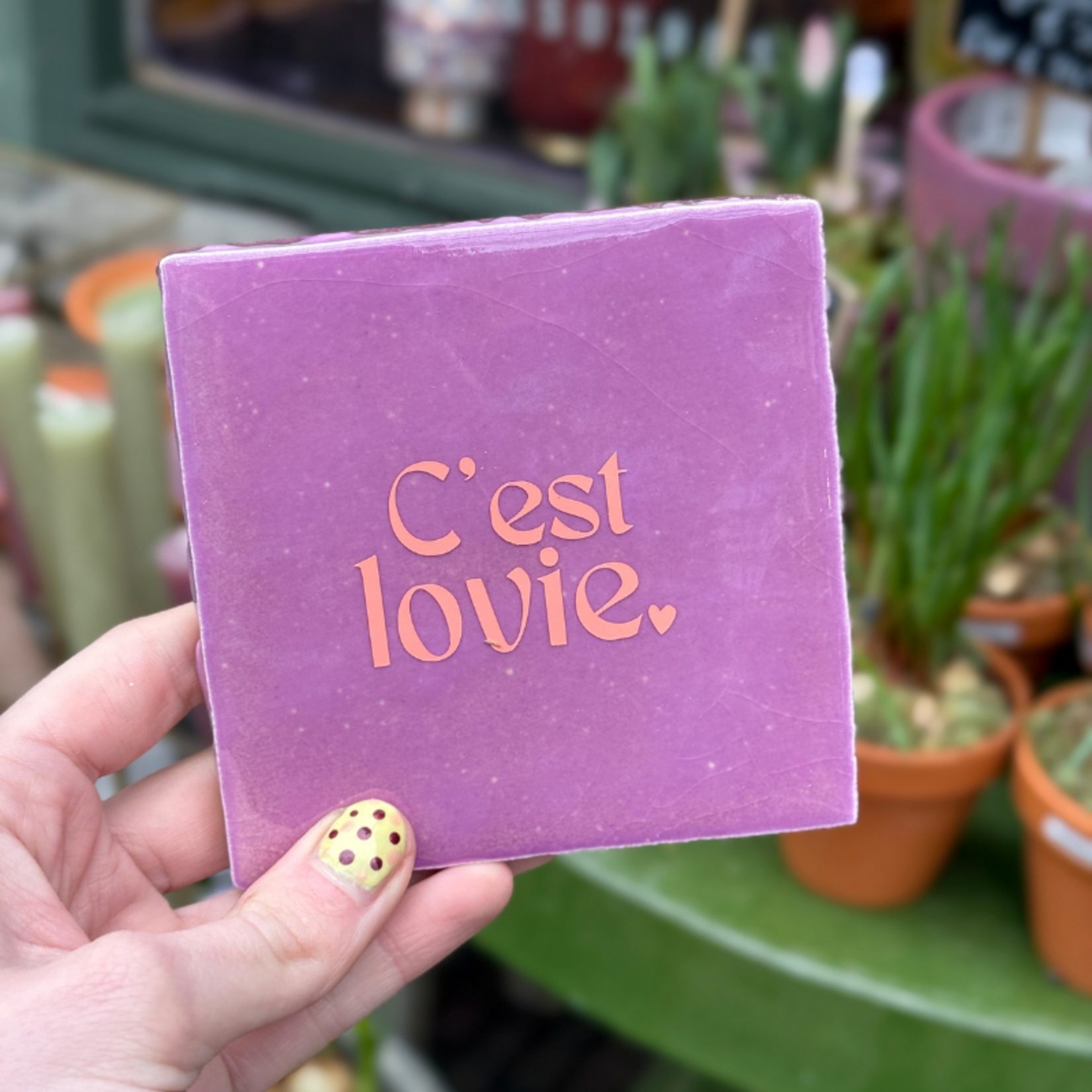 Tegeltje - C'est lovie - paars/zalmroze
