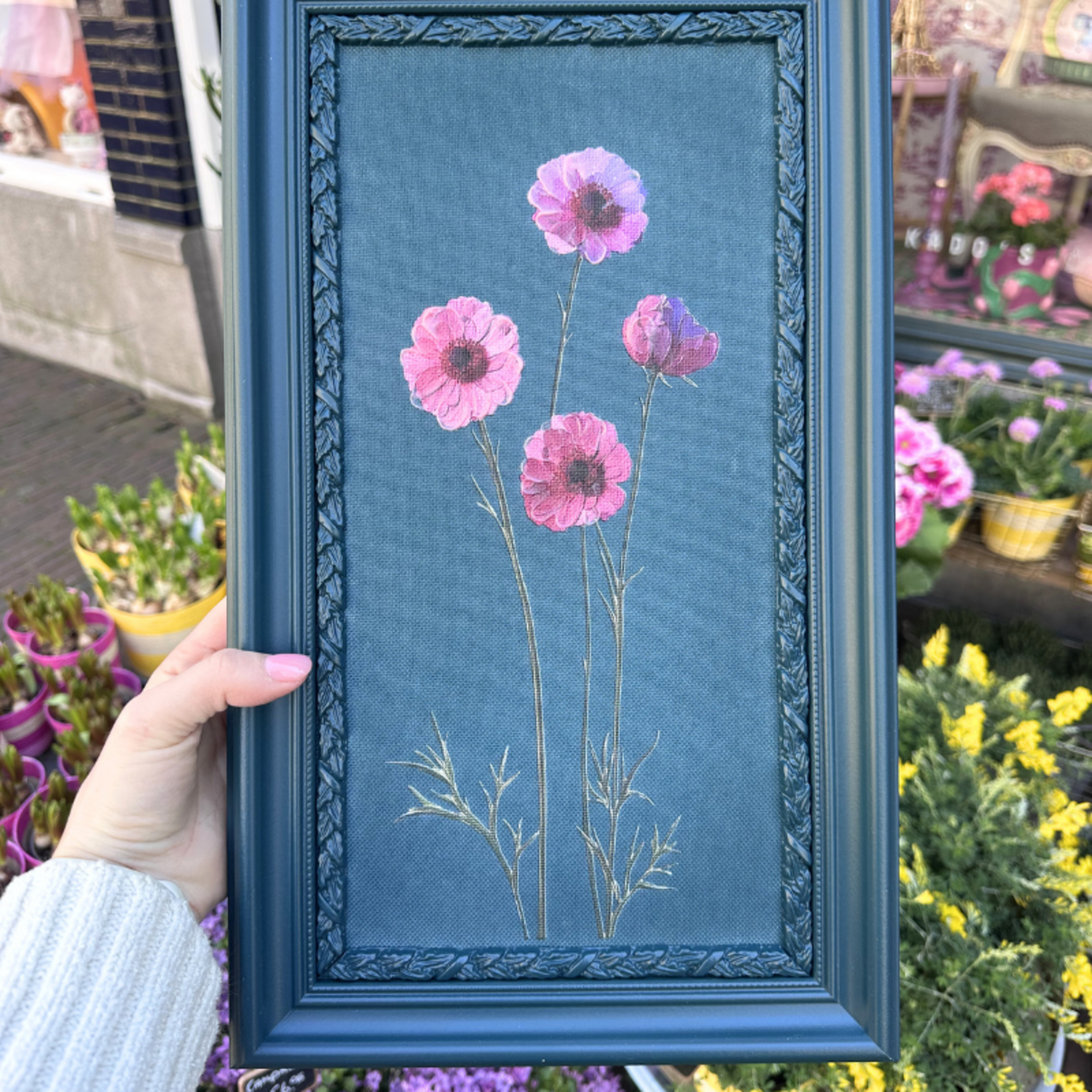 Schilderij - Bloemen - Petrol