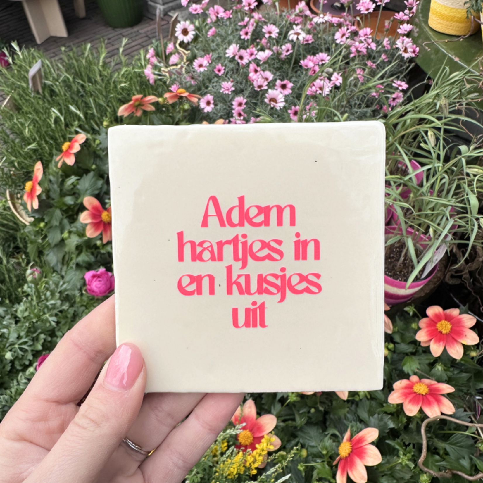 Tegeltje - Adem hartjes in en kusjes uit - beige/roze