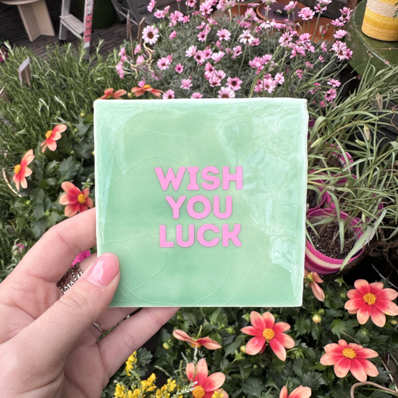 Tegeltje - Wish you luck - mint/roze