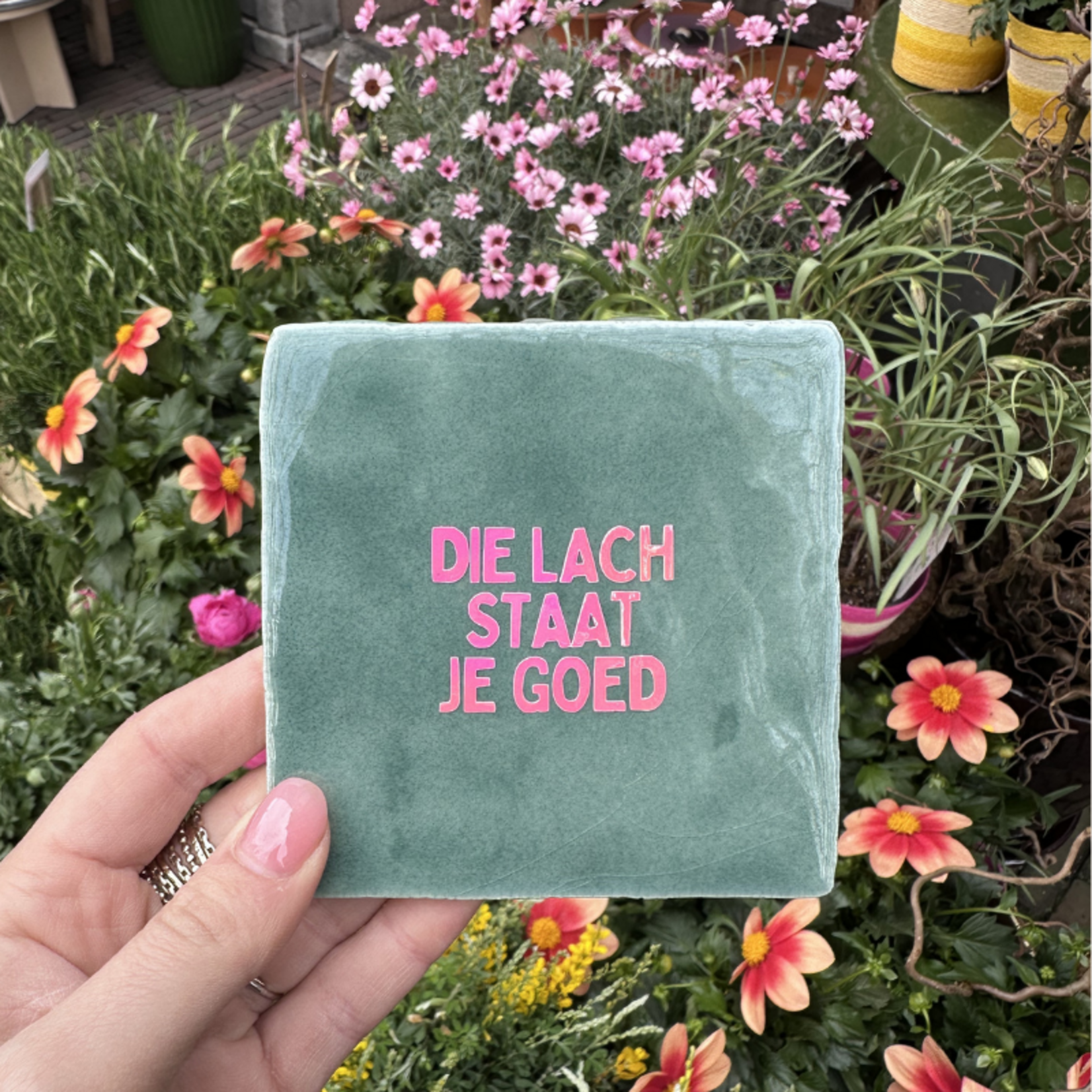 Tegeltje - Die lach staat je goed - turquoise