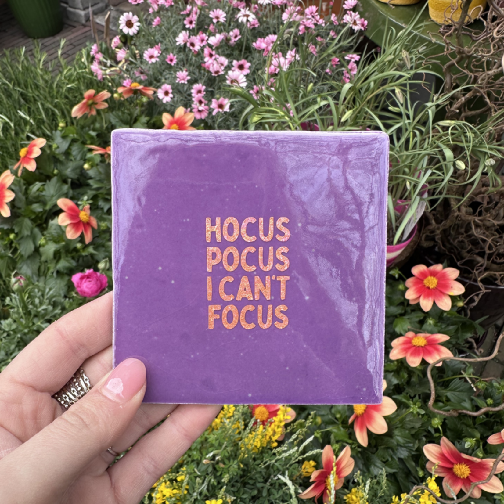 Tegeltje - Hocus pocus I can't focus - paars/oranje