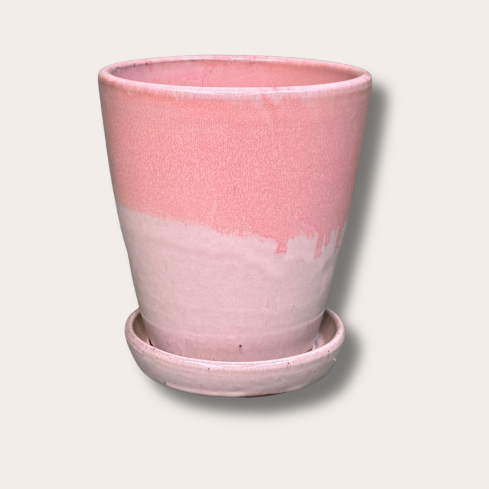 Geglazuurde pot met schotel - Abby - beige/zacht roze