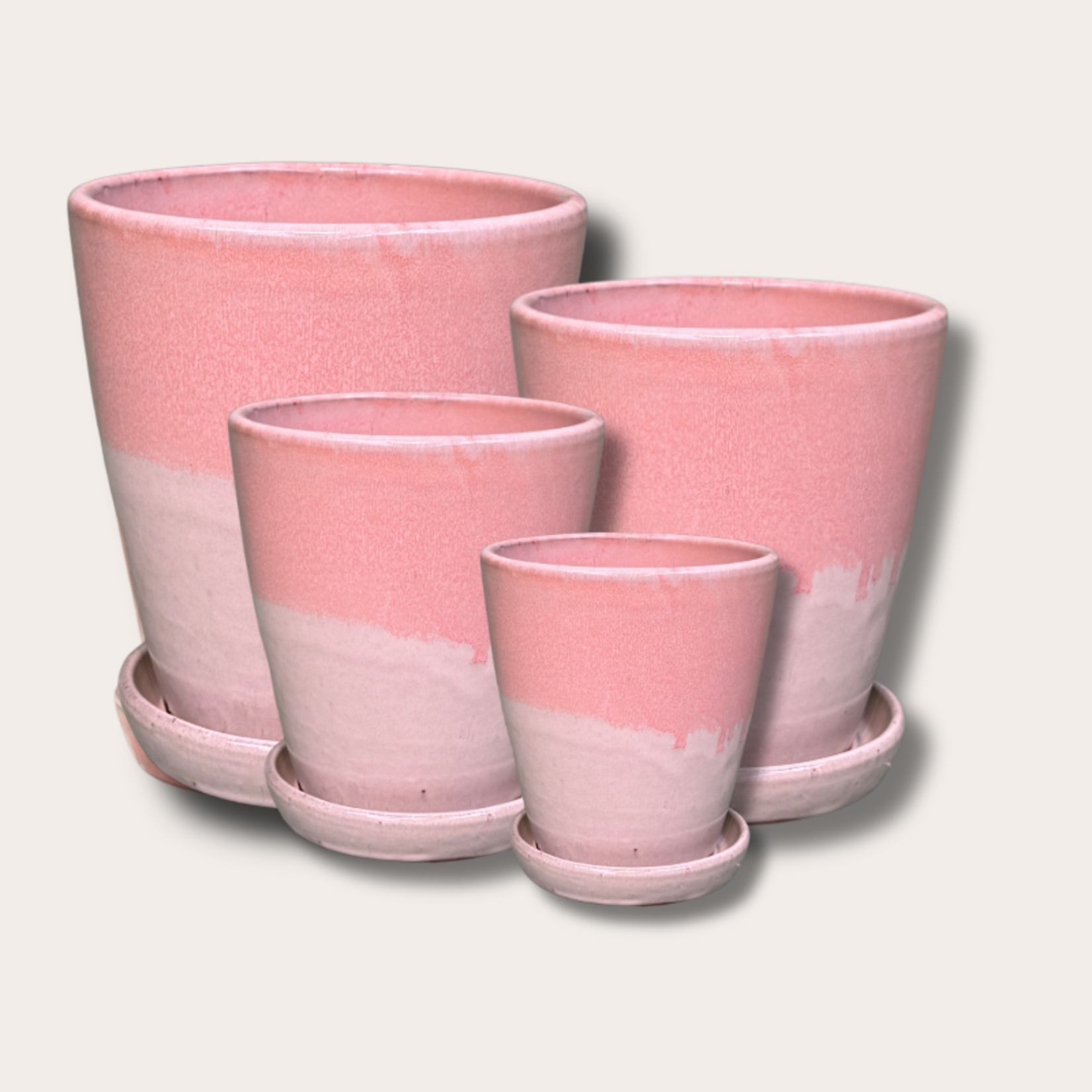 Geglazuurde pot met schotel - Abby - beige/zacht roze