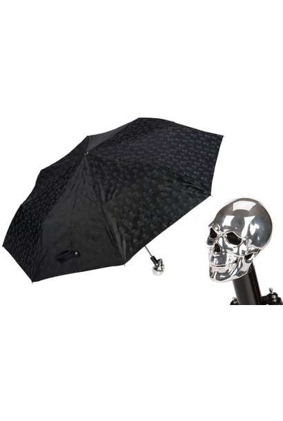 Black Folding Umbrella with Silver Skull Handle