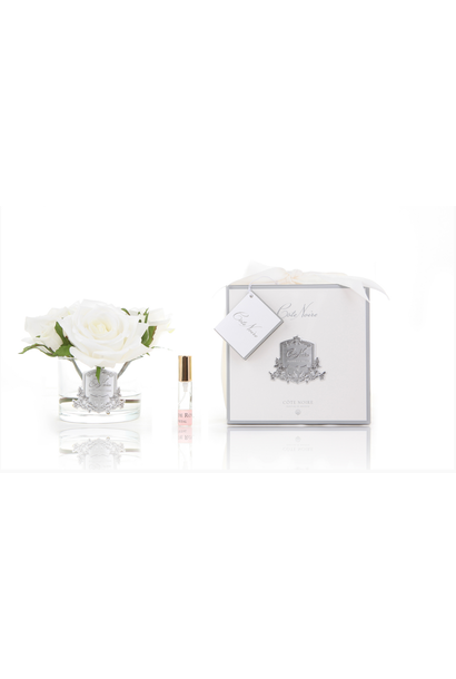 Bouquet 5 Roses Ivoire - Vase Clair - Ecusson Silver