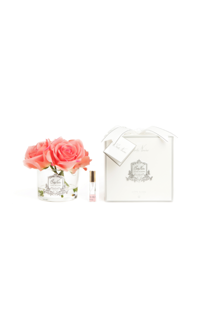 Bouquet 5 Roses Pêche - Vase Clair - Ecusson Silver