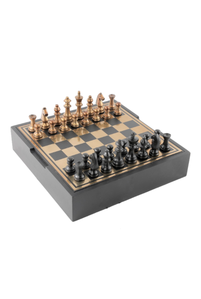 Chess Set in Wood with Black & Brass Pieces 35cm