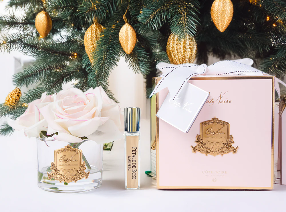 Bouquet 5 Roses - Pink Blush - Vase Clear avec Ecusson Gold-2