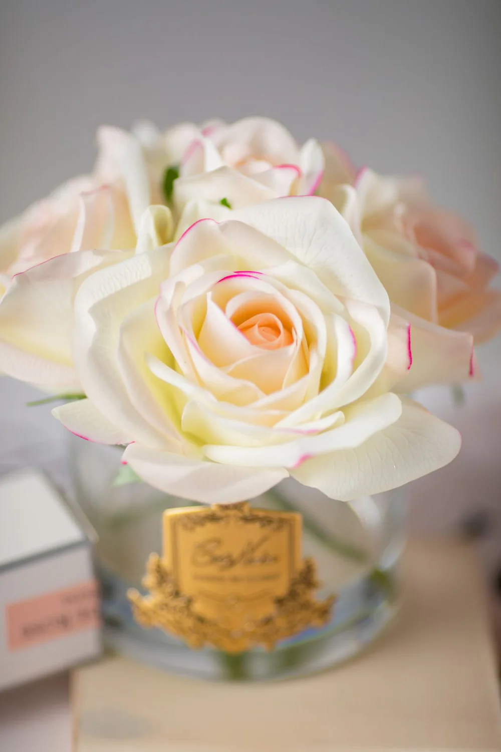 Bouquet 5 Roses - Pink Blush - Vase Clear avec Ecusson Gold-4
