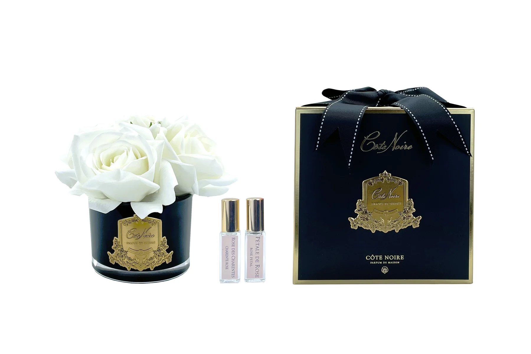 Bouquet 5 Roses - Ivory White - Vase Black avec Ecusson Gold-3