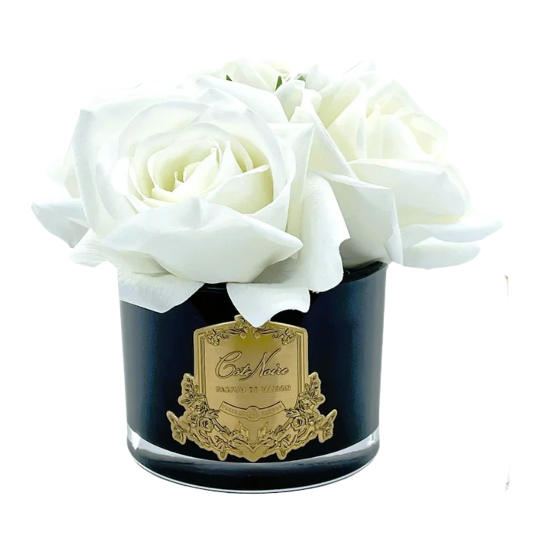 Bouquet 5 Roses - Ivory White - Vase Black avec Ecusson Gold-1