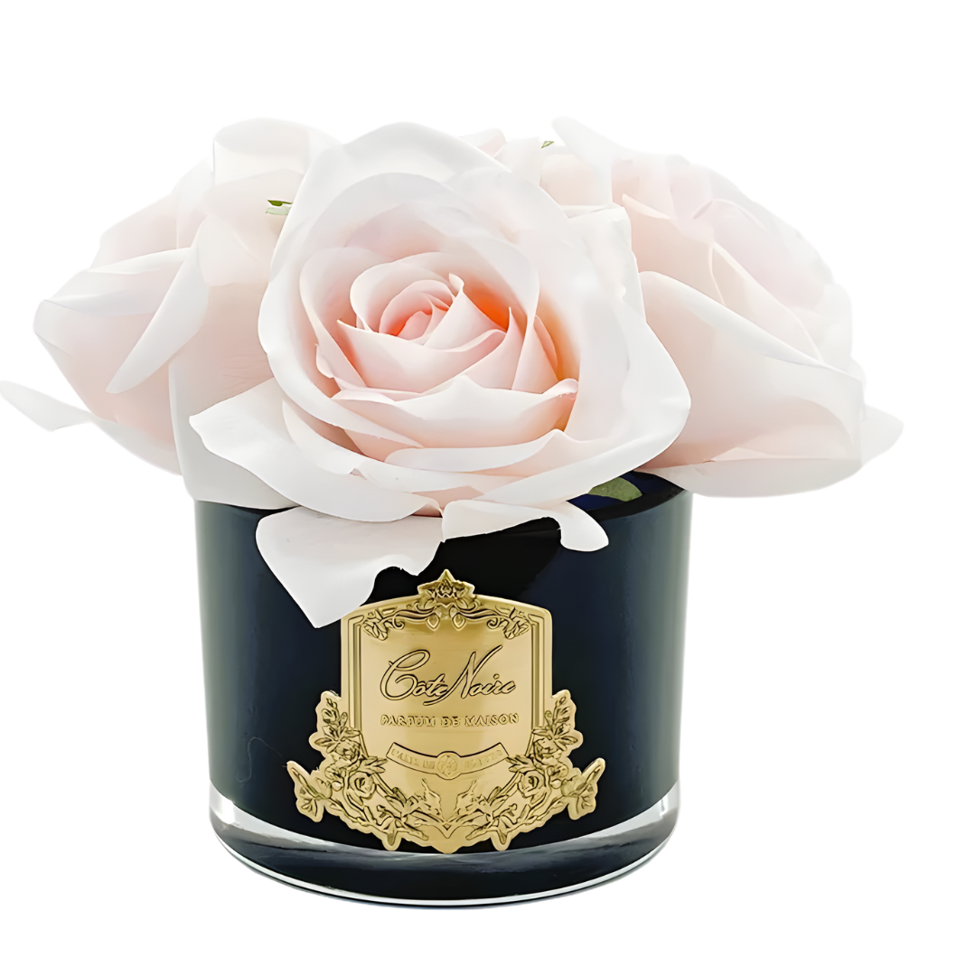 Bouquet 5 Roses - French Pink - Vase Black avec Ecusson Gold-1