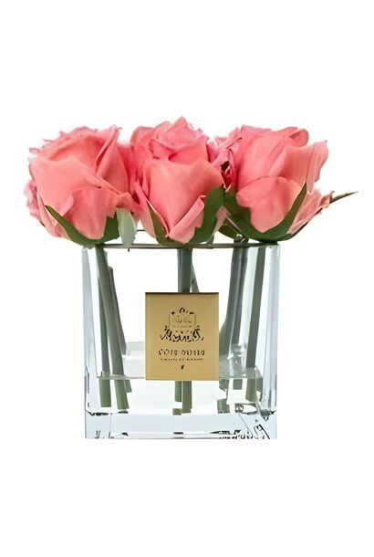 Square 9 Roses – Peach – Clear Vase with Gold Badge