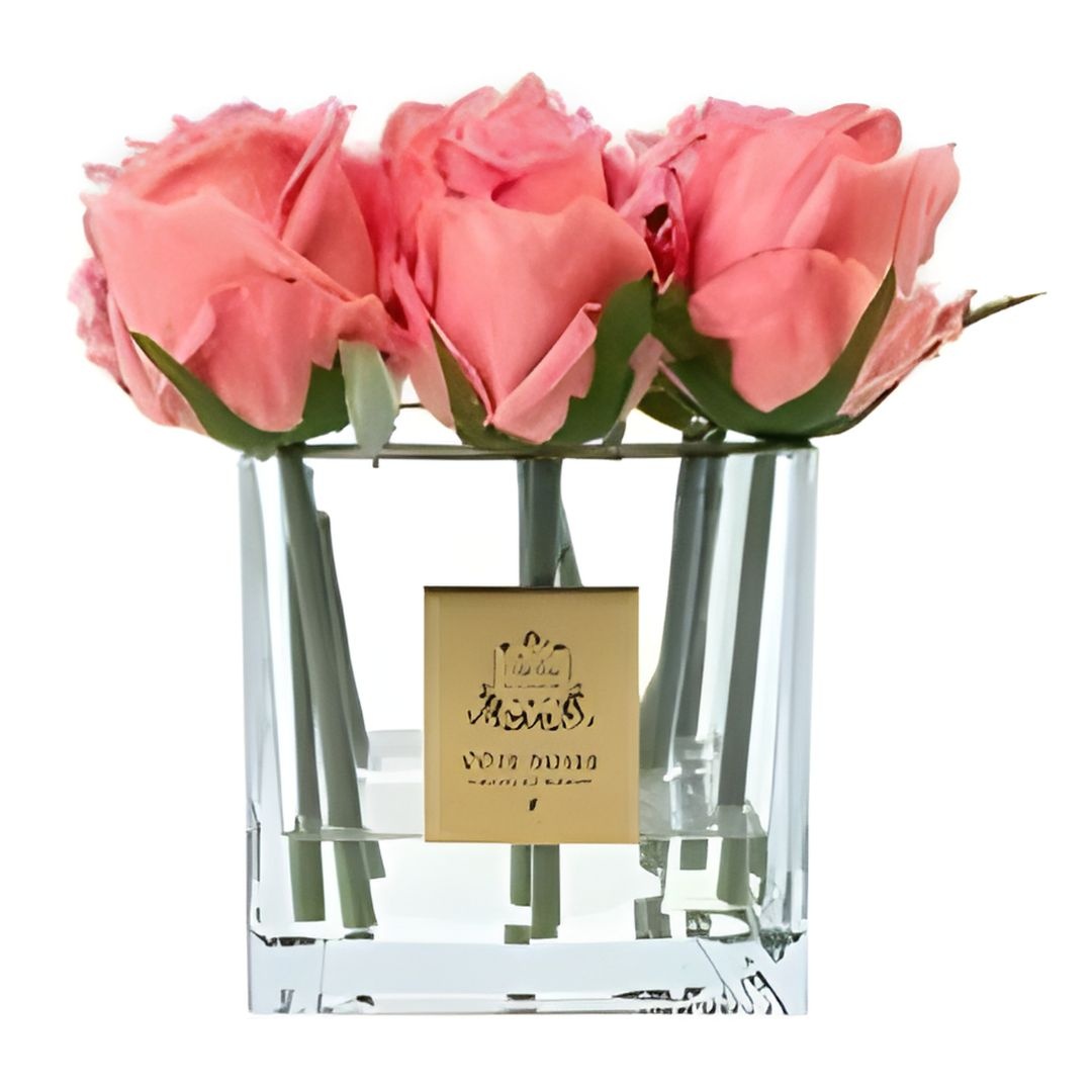 Square 9 Roses – Peach – Clear Vase with Gold Badge-1
