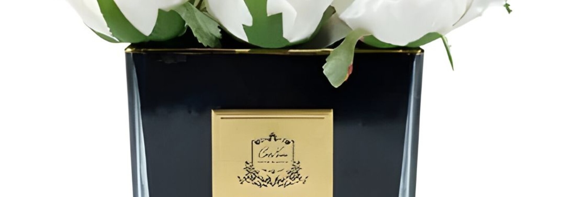 Square 9 Roses – Ivory – Black Vase with Gold Badge
