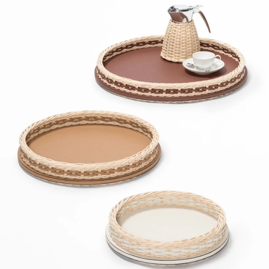 Orsay Mini Round Tray Rotin Natural & Cuir Golf Ice - Ø27,5x6cm-2