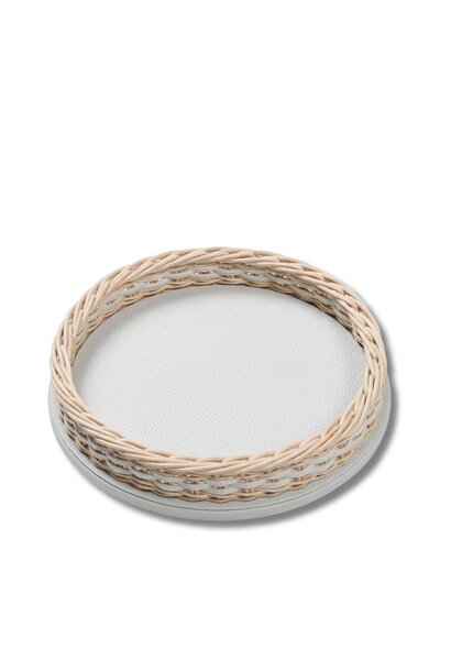 Plateau Orsay Mini Rond en Rotin Natural & Cuir Golf Ice - Ø37,5x6cm