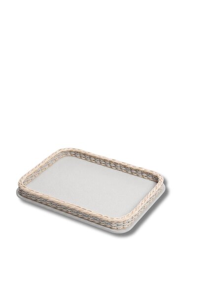 Plateau Orsay Rect. en Rotin natural & Cuir Golf Ice - 33x21x6cm