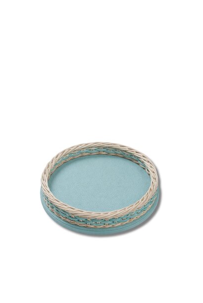 Orsay Mini Round Tray Rotin Natural & Cuir Golf Sky - Ø27,5x6cm