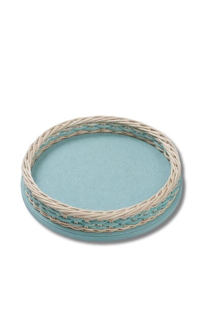 Plateau Orsay Mini Rond en Rotin Natural & Cuir Golf Sky - Ø37x6cm