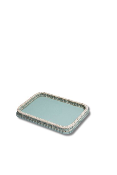 Plateau Orsay Rect. en Rotin natural & Cuir Golf Sky - 33x21x6cm