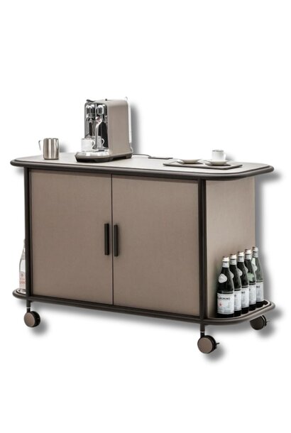Bar Cart Arcade avec Tiroirs & Réfrigérateur – Bronze & Cuir Golf Mud