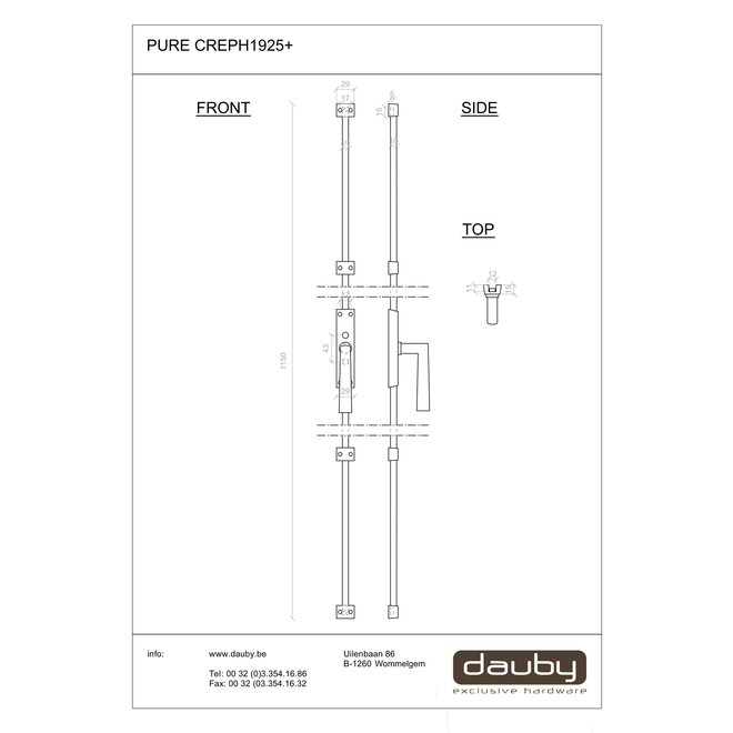 Dauby Dauby decoratief raambeslag "Pure Line type 1925+"  brons gepolijst  per stuk