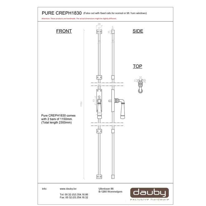 Dauby Dauby decoratief raambeslag "Pure Line type 1830"  ruw metaal  per stuk
