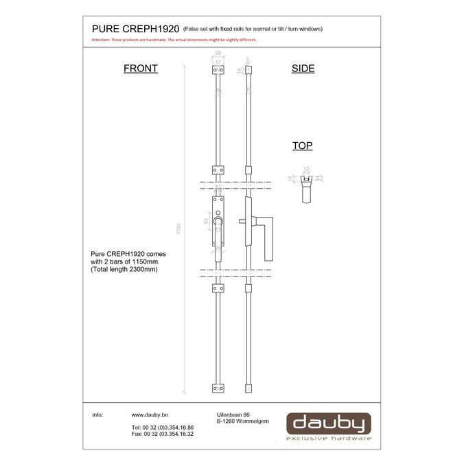 Dauby Dauby Pure Line decoratief raambeslag "Pure Line type 1920"  ruw metaal  per stuk