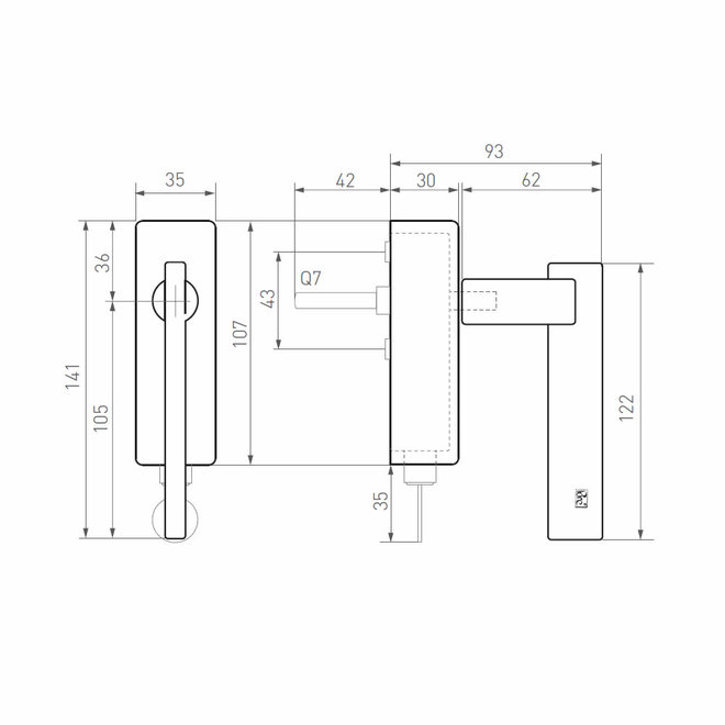 Dauby Dauby Pure Line raamklink type 2017 draai/kiep ruw brons gepolijst afsluitbaar per stuk