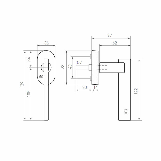 Dauby Dauby Pure Line raamklink type 2017  ruw metaal per stuk
