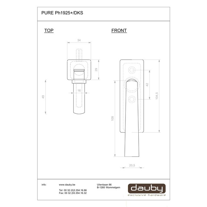 Dauby Dauby Pure Line raamklink type 1925+ mat wit brons afsluitbaar per stuk
