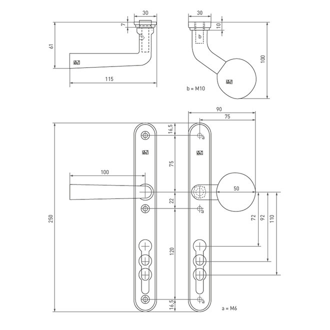 Dauby Veiligheidsbeslag klink ''Bol-vorm'' buitenzijde + type PH1925 binnenzijde 92mm per set