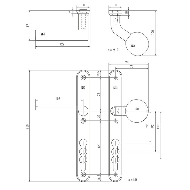 Dauby Veiligheidsbeslag klink ''Bol-vorm'' buitenzijde + type PH1928 92mm per set