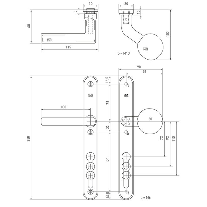 Dauby Veiligheidsbeslag klink ''Bol-vorm'' buitenzijde + type PH1920 binnenzijde 92mm per set