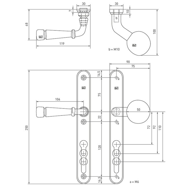 Dauby Veiligheidsbeslag klink ''Bol-vorm'' buitenzijde + type PH1830 binnenzijde 92mm per set