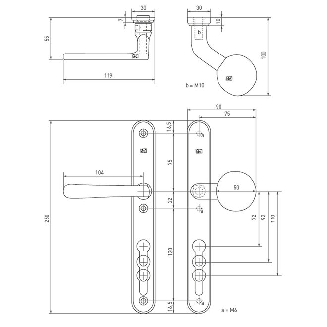 Dauby Veiligheidsbeslag klink ''Bol-vorm'' buiten + afgeronde greep binnen 92mm per set