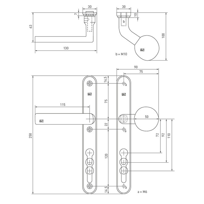 Dauby Veiligheidsbeslag klink ''Bol-vorm'' buitenzijde + type PH1930 binnenzijde 92mm set van 2